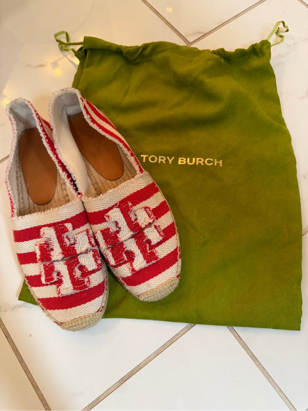 Tory Burch Red and White Striped Espadrilles with Logo